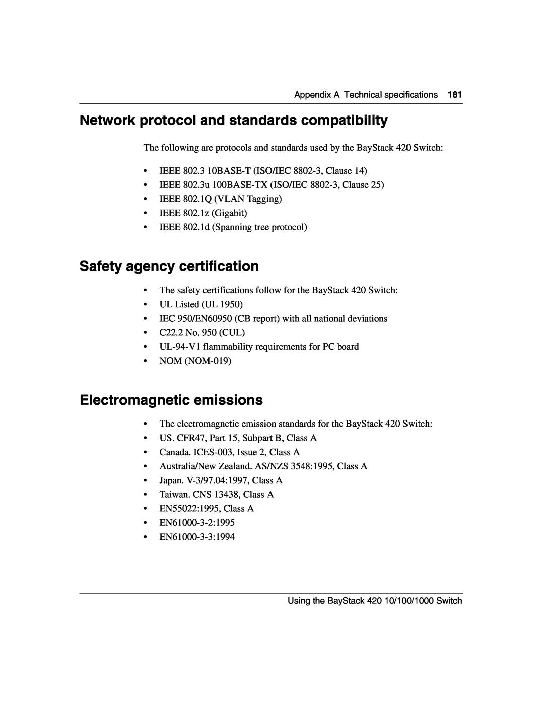 Nortel Networks 1000ASE-XD, 1000BASE-SX manual Network protocol and standards compatibility, Safety agency certification 
