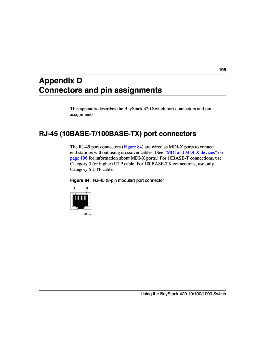 Nortel Networks 1000BASE-ZX manual Appendix D Connectors and pin assignments, RJ-45 10BASE-T/100BASE-TX port connectors 