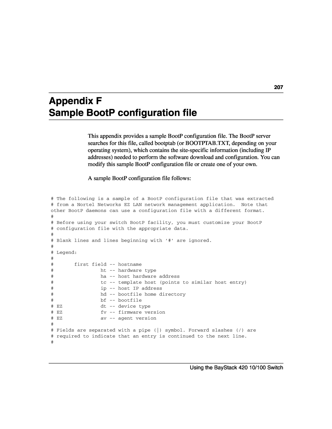 Nortel Networks 1000BASE-ZX, 1000BASE-SX, 1000ASE-XD, 1000BASE-LX manual Appendix F Sample BootP configuration file 