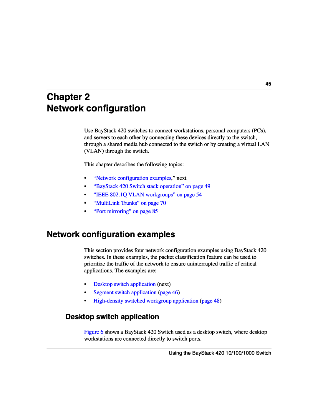 Nortel Networks 1000ASE-XD manual Chapter Network configuration, Network configuration examples, Desktop switch application 
