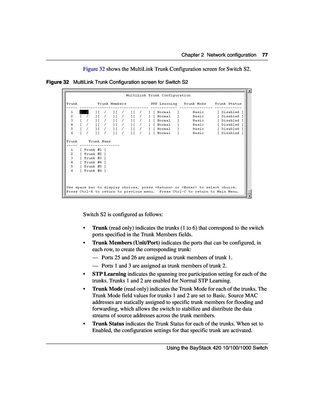 Nortel Networks 1000ASE-XD, 1000BASE-SX, 1000BASE-LX manual shows the MultiLink Trunk Configuration screen for Switch S2 
