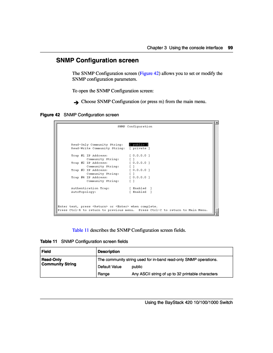 Nortel Networks 1000BASE-ZX, 1000BASE-SX, 1000ASE-XD, 1000BASE-LX manual SNMP Configuration screen 