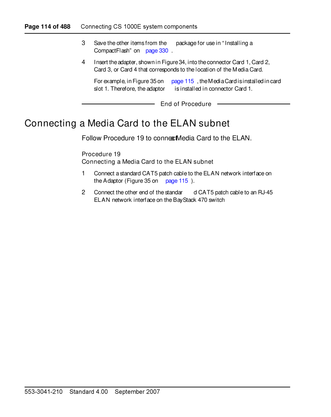 Nortel Networks 1000E Connecting a Media Card to the Elan subnet, Follow Procedure 19 to connect a Media Card to the Elan 