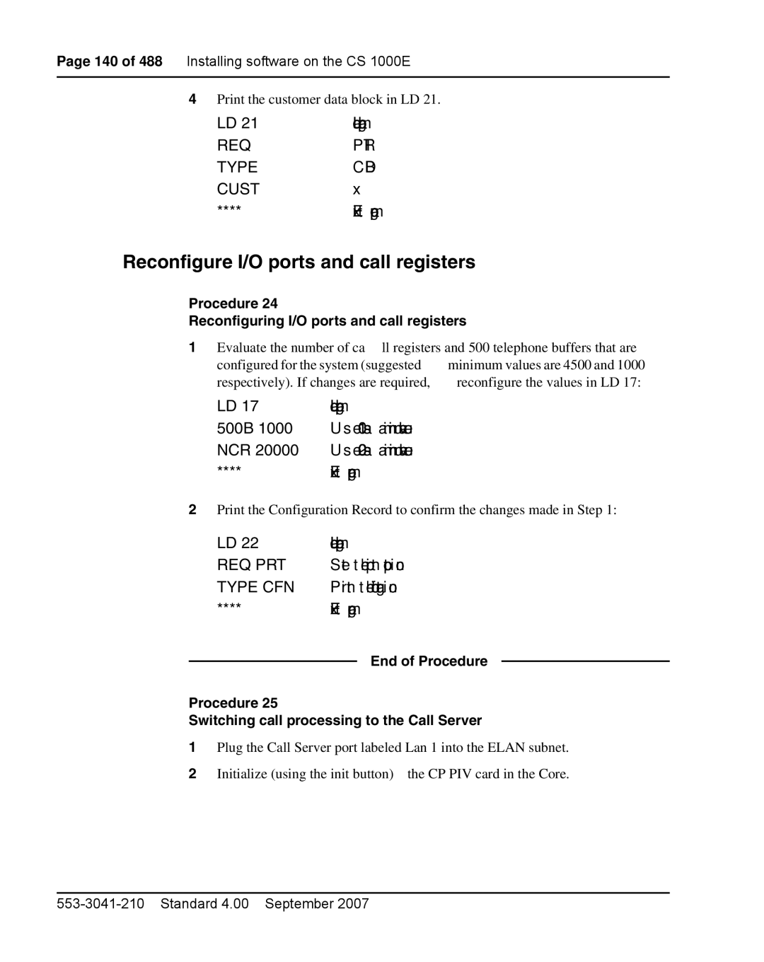 Nortel Networks 1000E Reconfigure I/O ports and call registers, Procedure Reconfiguring I/O ports and call registers 