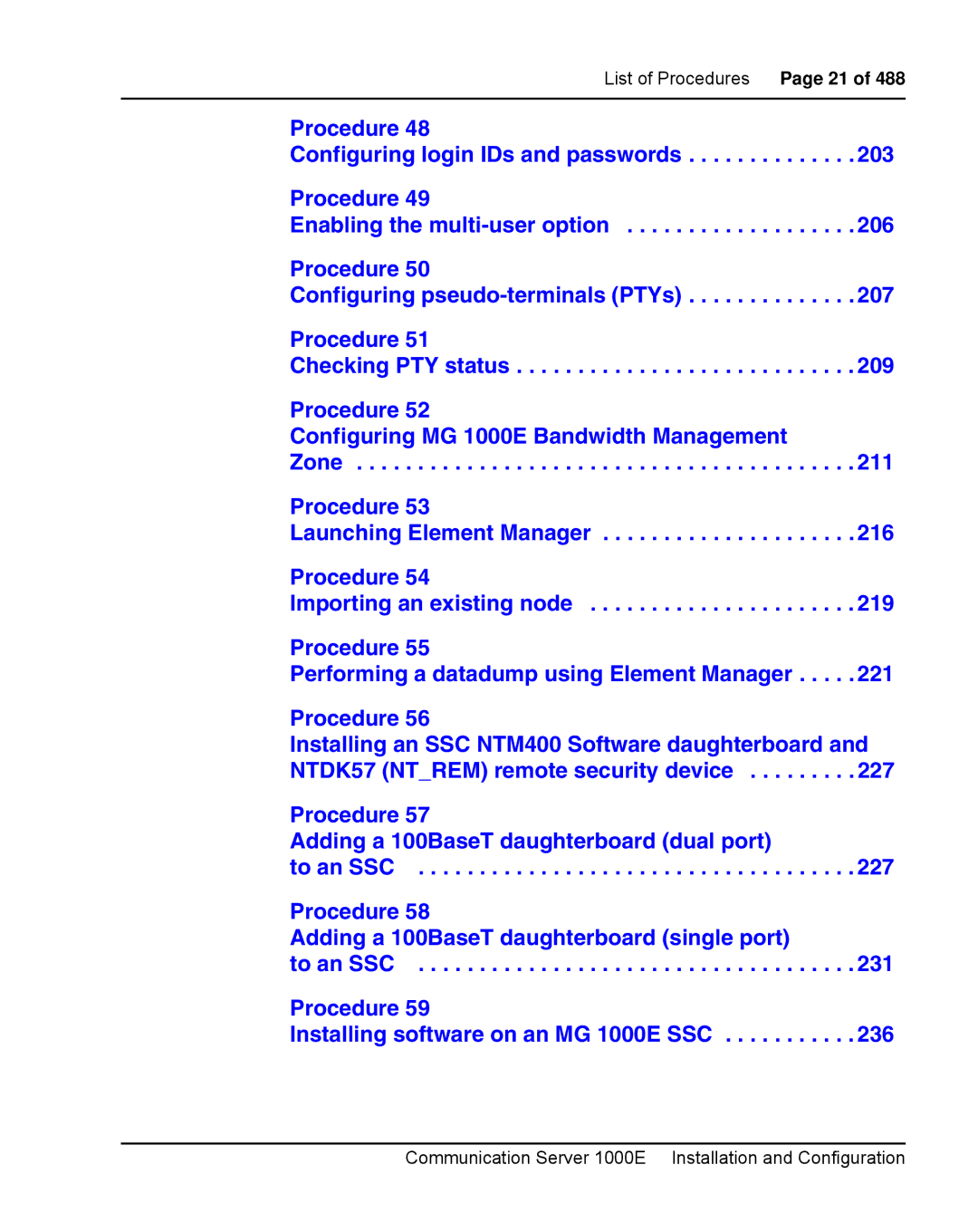 Nortel Networks 1000E warranty List of Procedures Page 21 