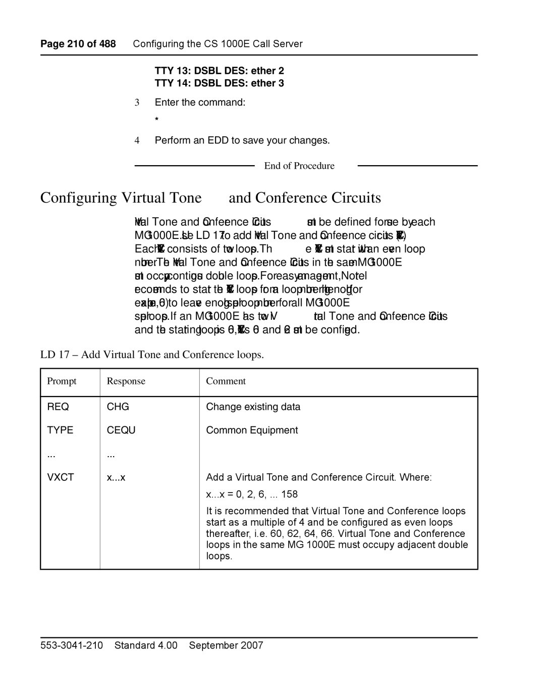 Nortel Networks 1000E Configuring Virtual Tone and Conference Circuits, Prompt Response Comment, Req Chg, Type Cequ, Vxct 