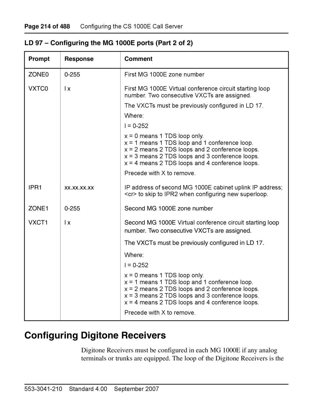 Nortel Networks 1000E warranty Configuring Digitone Receivers 