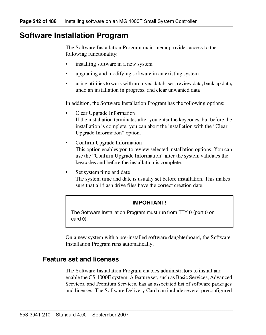 Nortel Networks 1000E warranty Software Installation Program, Feature set and licenses 