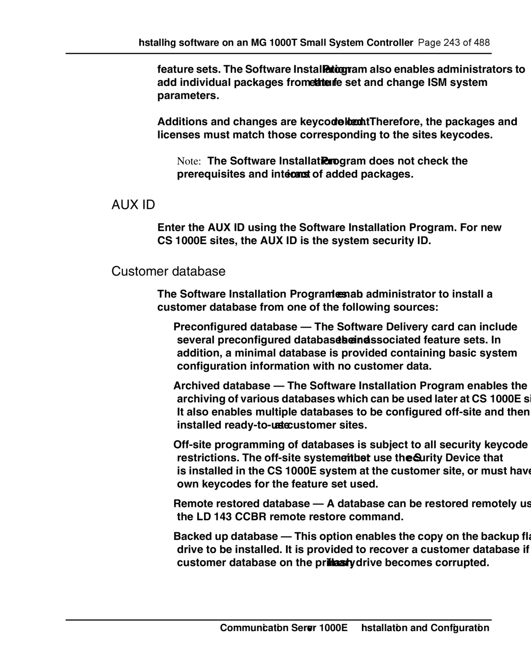 Nortel Networks 1000E warranty Aux Id, Customer database 