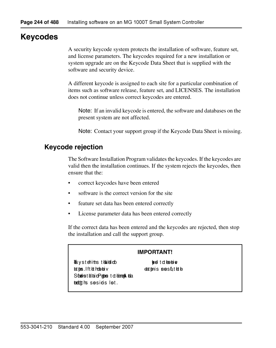 Nortel Networks 1000E warranty Keycodes, Keycode rejection 