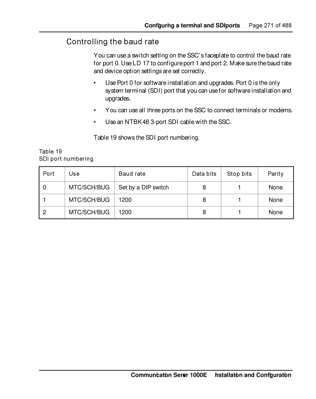 Nortel Networks 1000E warranty Controlling the baud rate, Mtc/Sch/Bug 