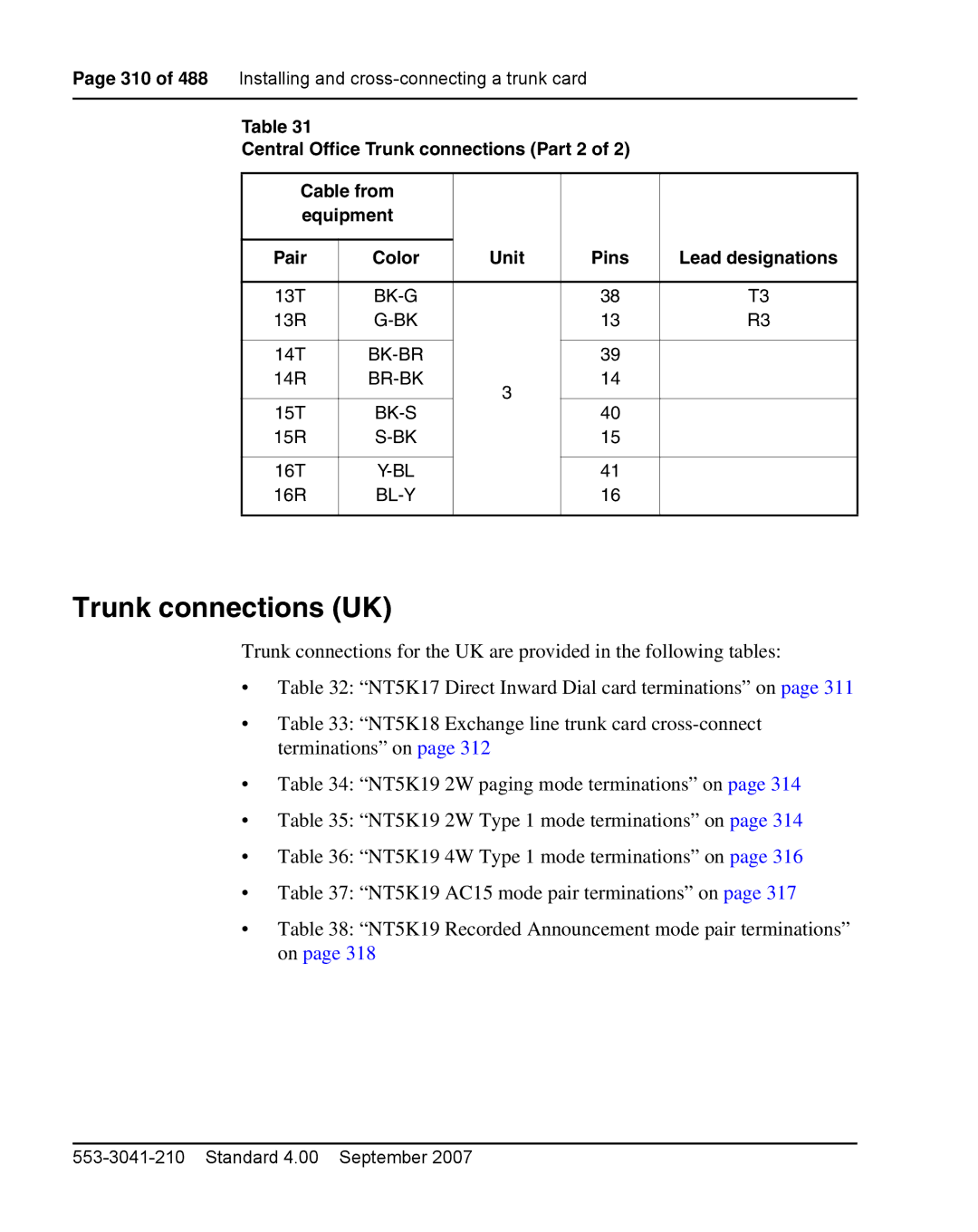 Nortel Networks 1000E warranty Trunk connections UK, Bk-Br 