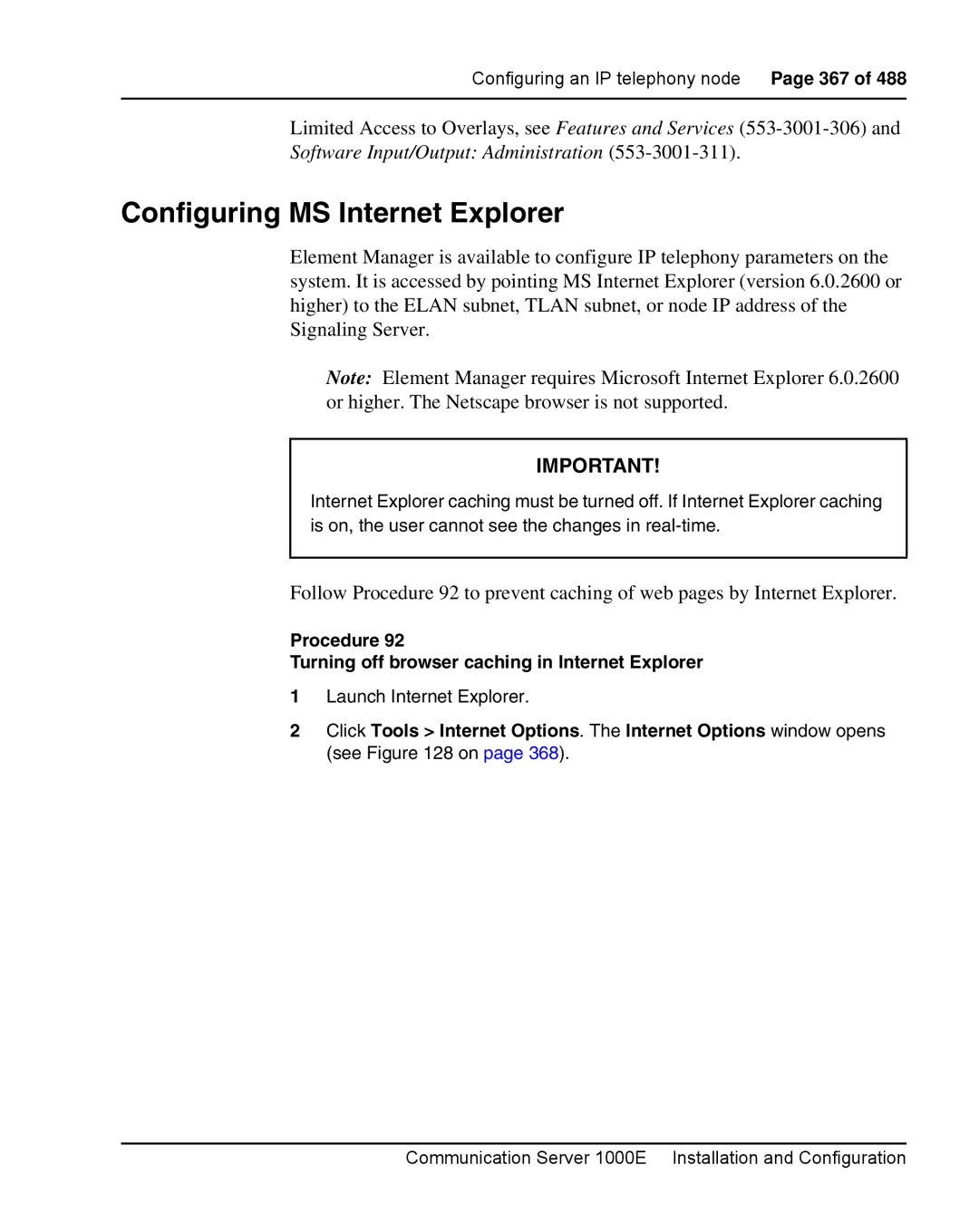 Nortel Networks 1000E warranty Configuring MS Internet Explorer, Procedure Turning off browser caching in Internet Explorer 