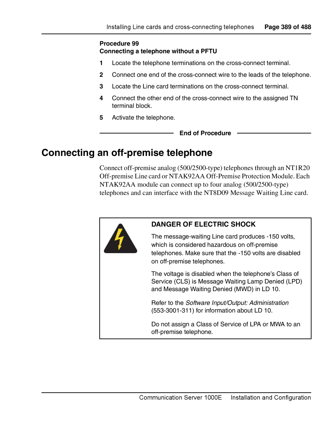 Nortel Networks 1000E warranty Connecting an off-premise telephone, Procedure Connecting a telephone without a Pftu 