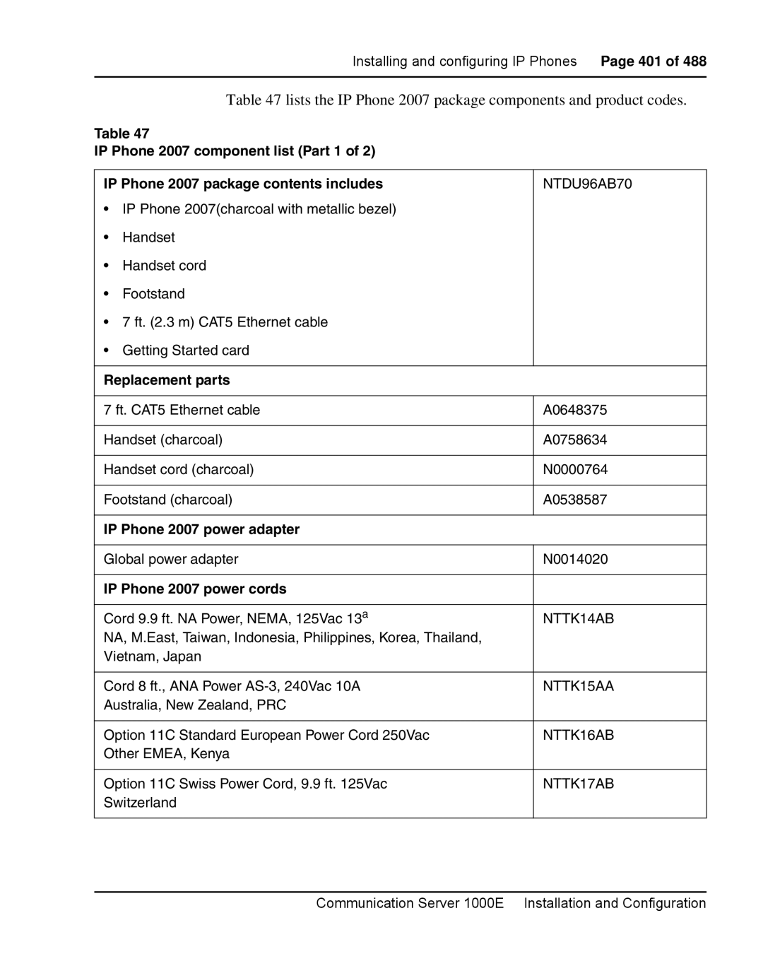 Nortel Networks 1000E warranty NTDU96AB70, IP Phone 2007 power adapter, IP Phone 2007 power cords 