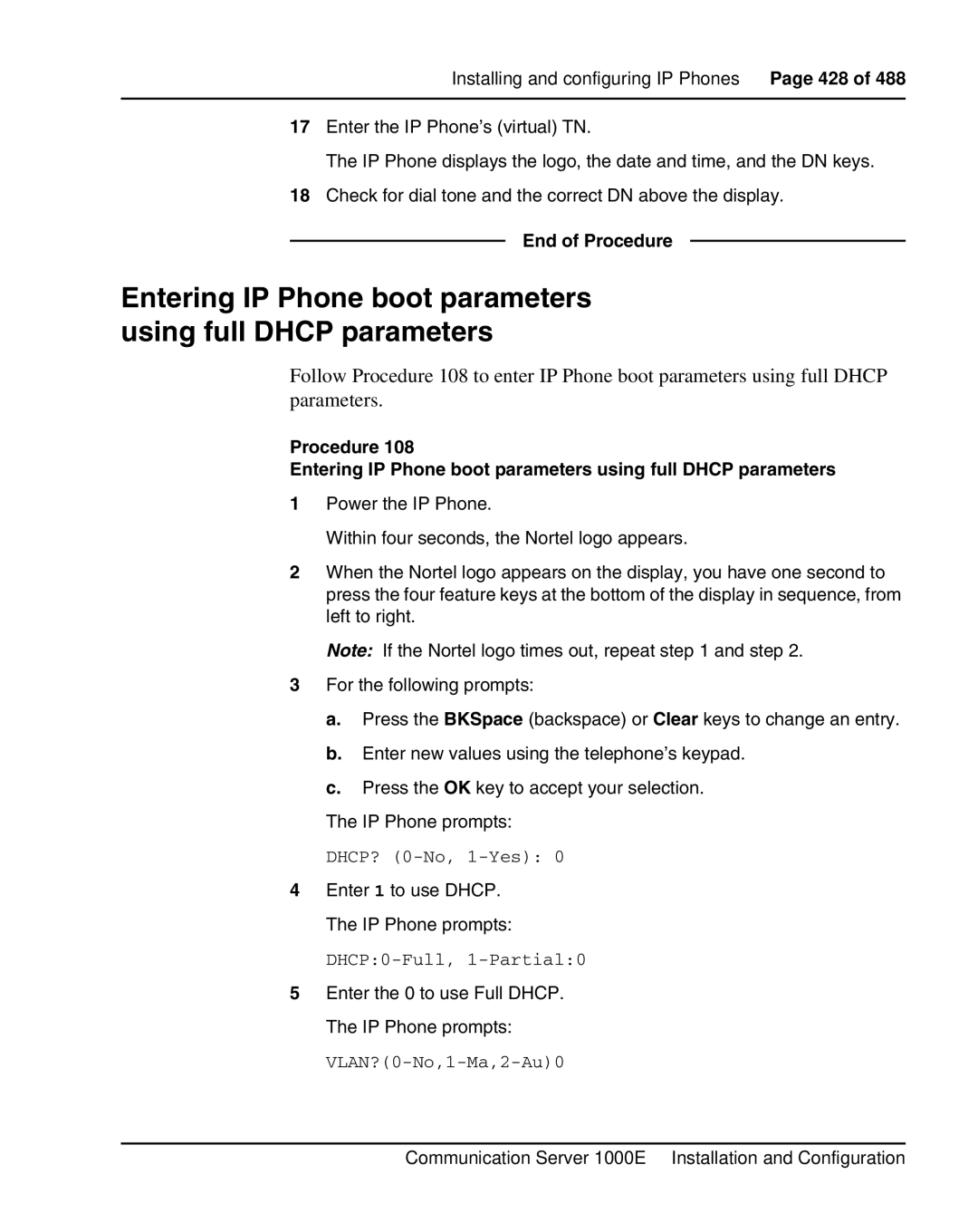 Nortel Networks 1000E warranty Entering IP Phone boot parameters using full Dhcp parameters 