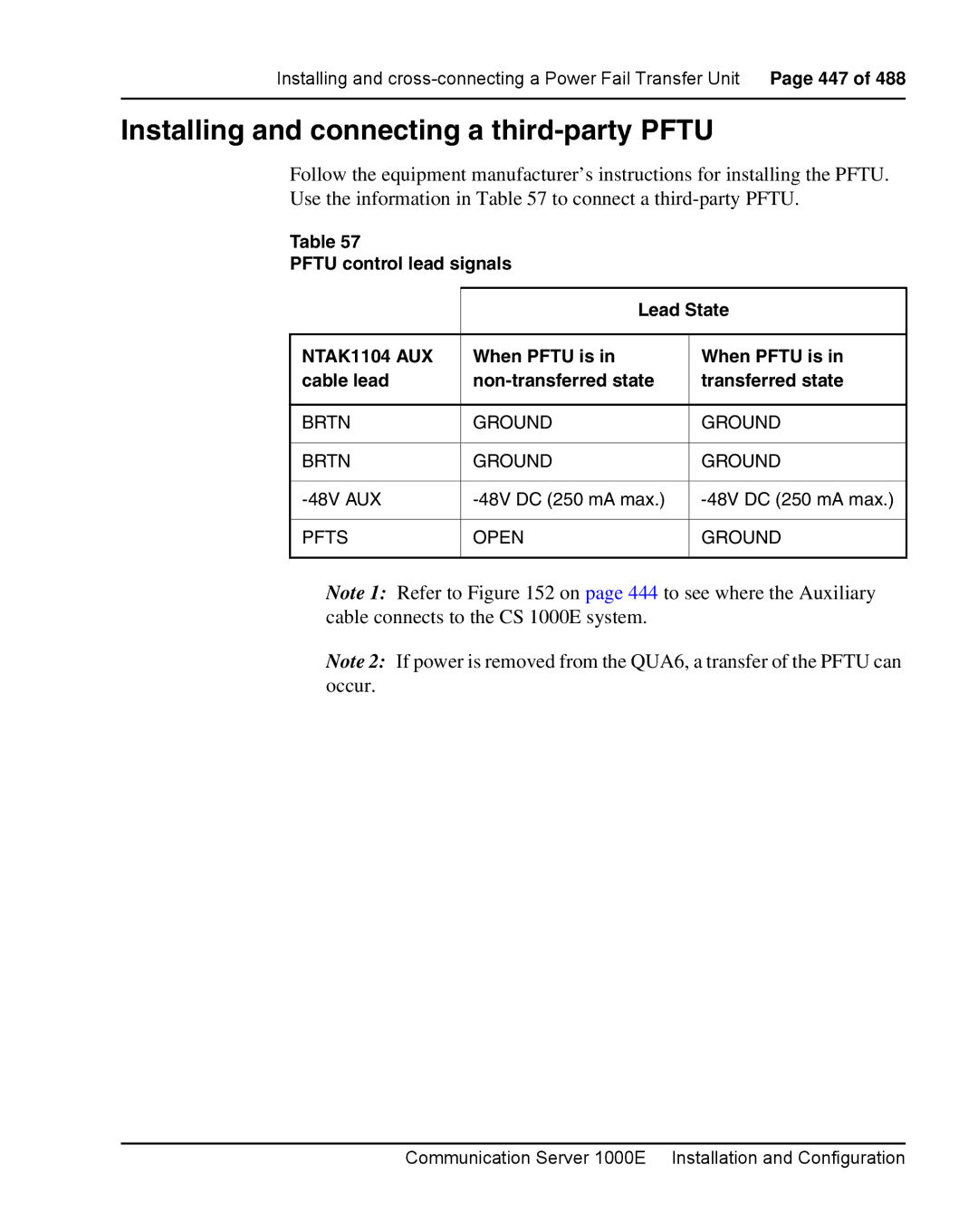 Nortel Networks 1000E Installing and connecting a third-party Pftu, Pftu control lead signals Lead State, Brtn Ground 