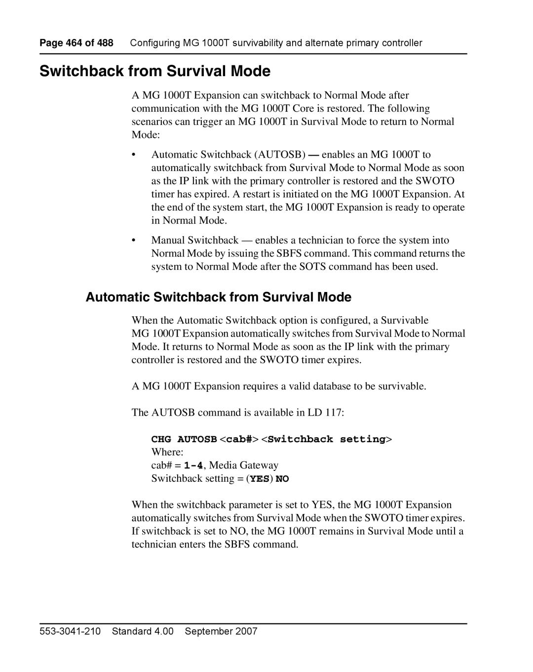 Nortel Networks 1000E warranty Automatic Switchback from Survival Mode 