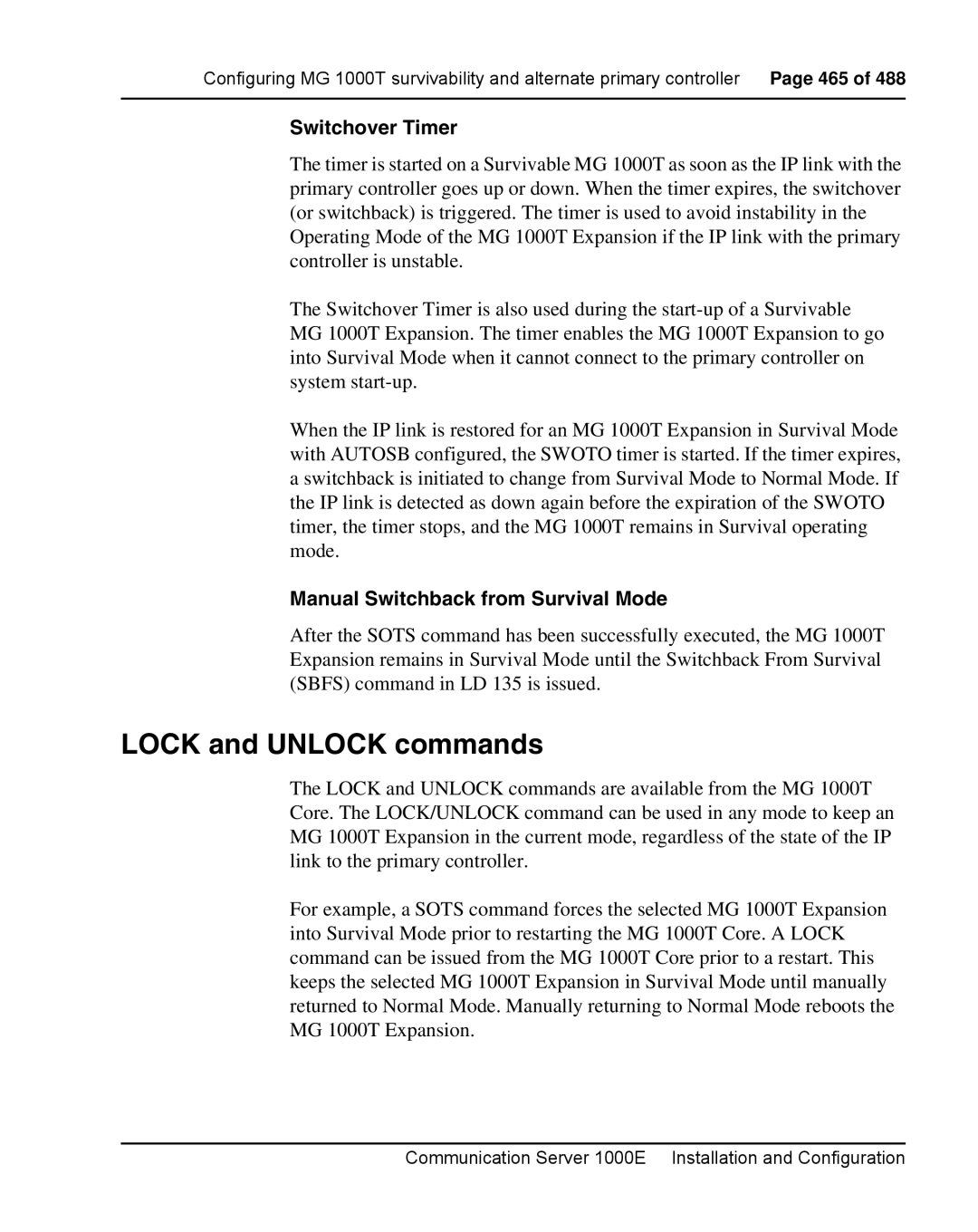 Nortel Networks 1000E warranty Lock and Unlock commands, Switchover Timer 