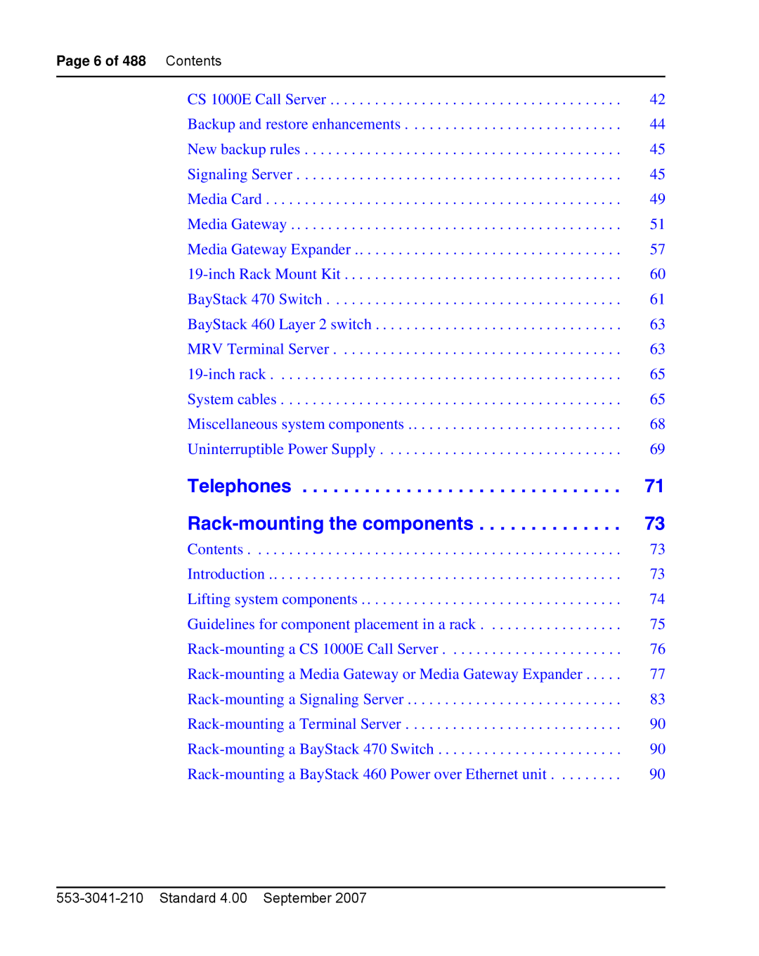 Nortel Networks 1000E warranty Telephones Rack-mounting the components 