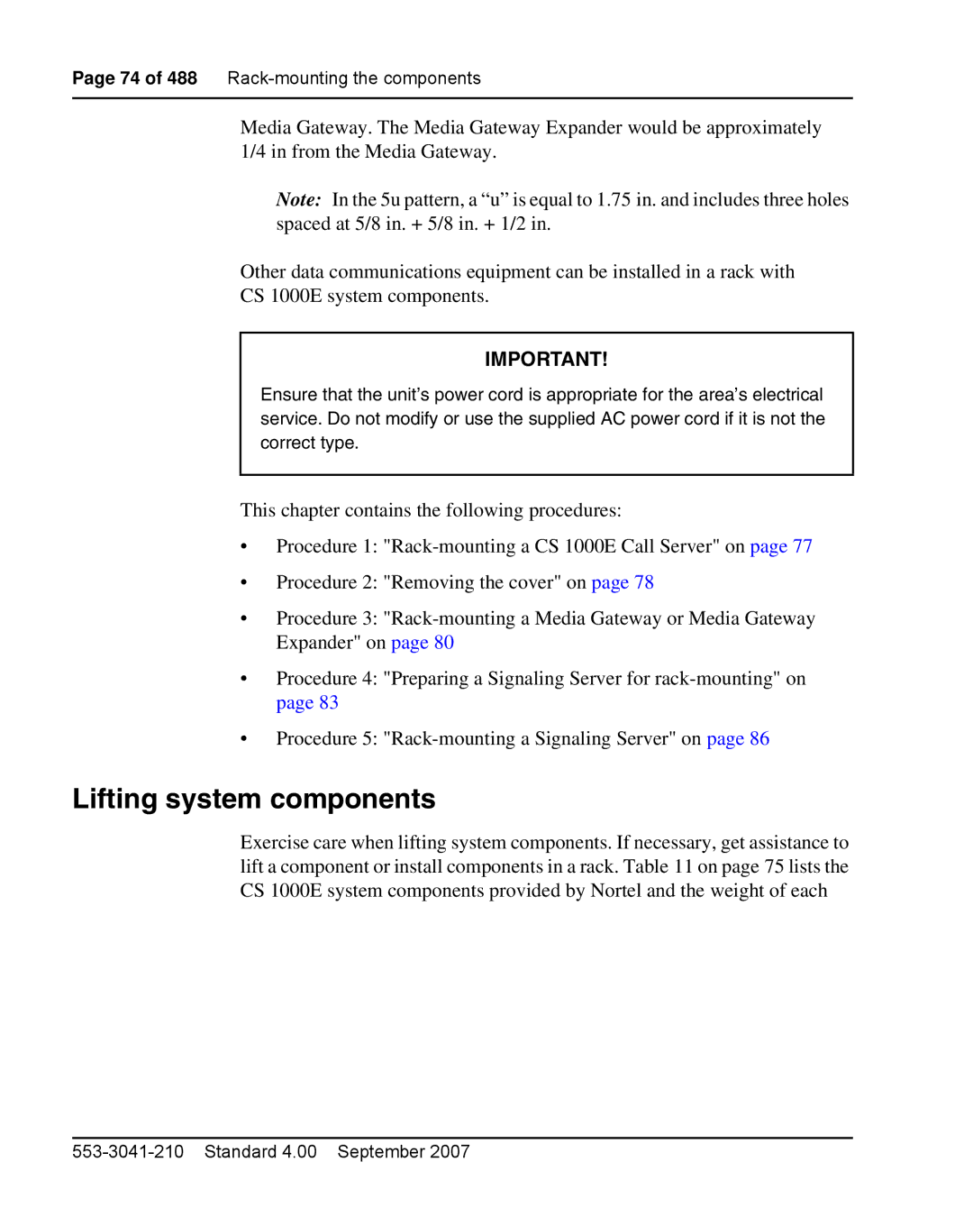 Nortel Networks 1000E warranty Lifting system components 