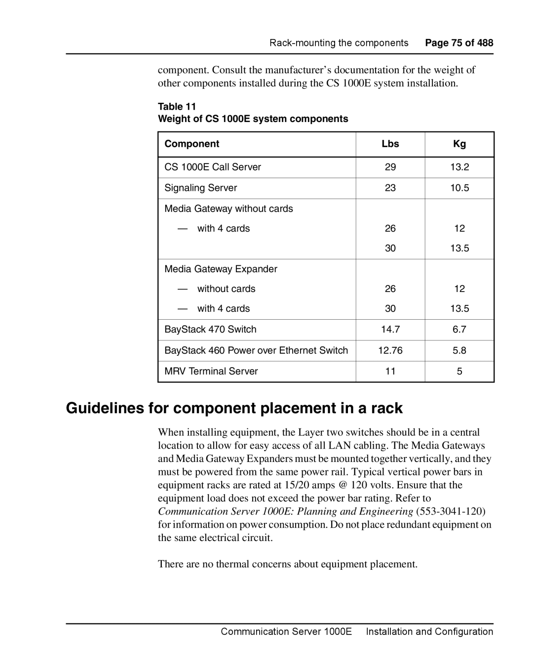 Nortel Networks Guidelines for component placement in a rack, Weight of CS 1000E system components Component Lbs 