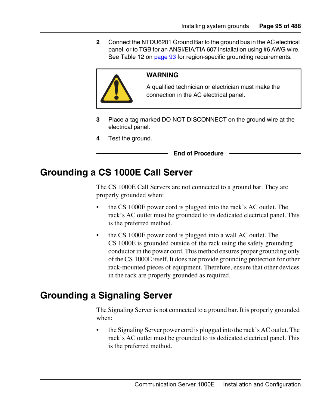 Nortel Networks warranty Grounding a CS 1000E Call Server, Grounding a Signaling Server 