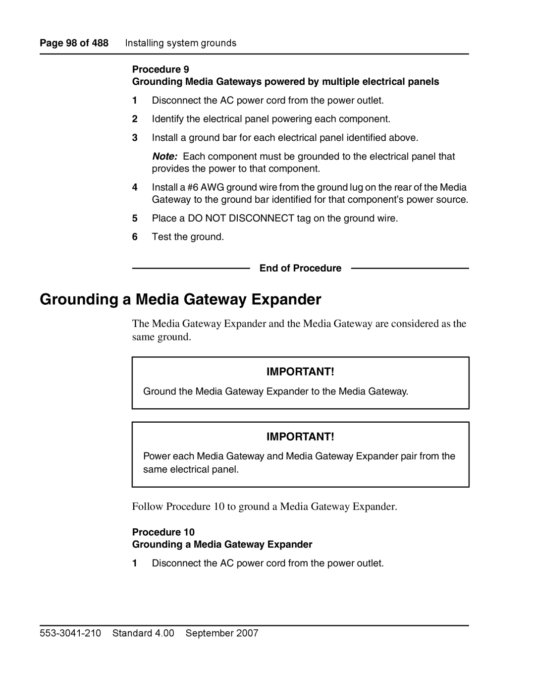 Nortel Networks 1000E warranty Grounding a Media Gateway Expander, Follow Procedure 10 to ground a Media Gateway Expander 