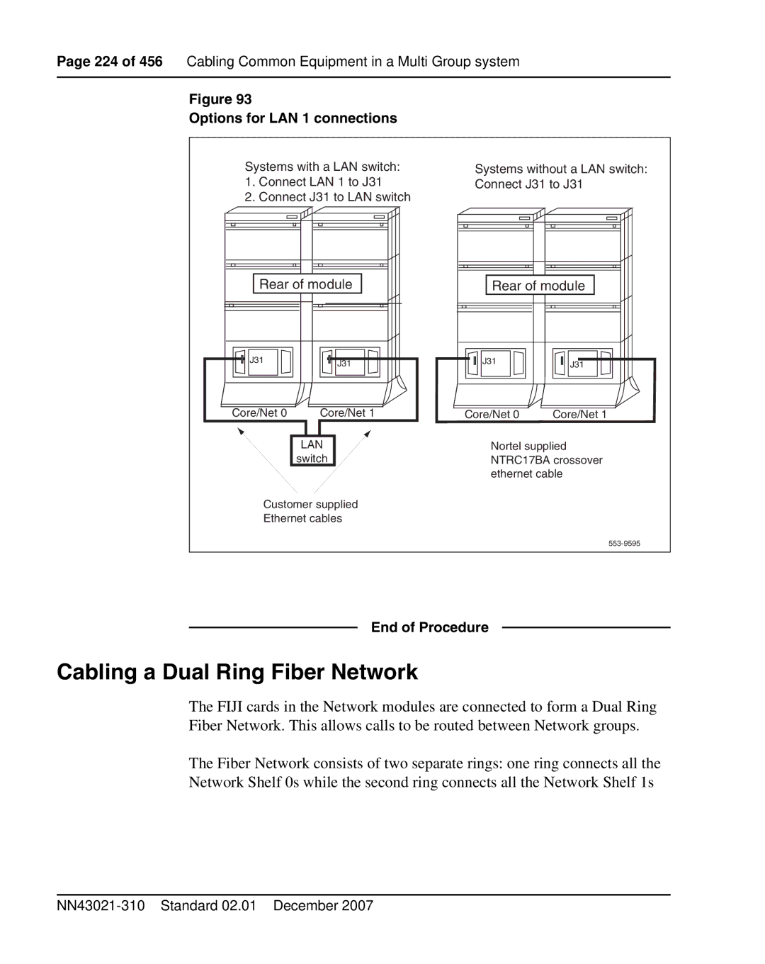 Nortel Networks 1000M warranty Cabling a Dual Ring Fiber Network, Options for LAN 1 connections 