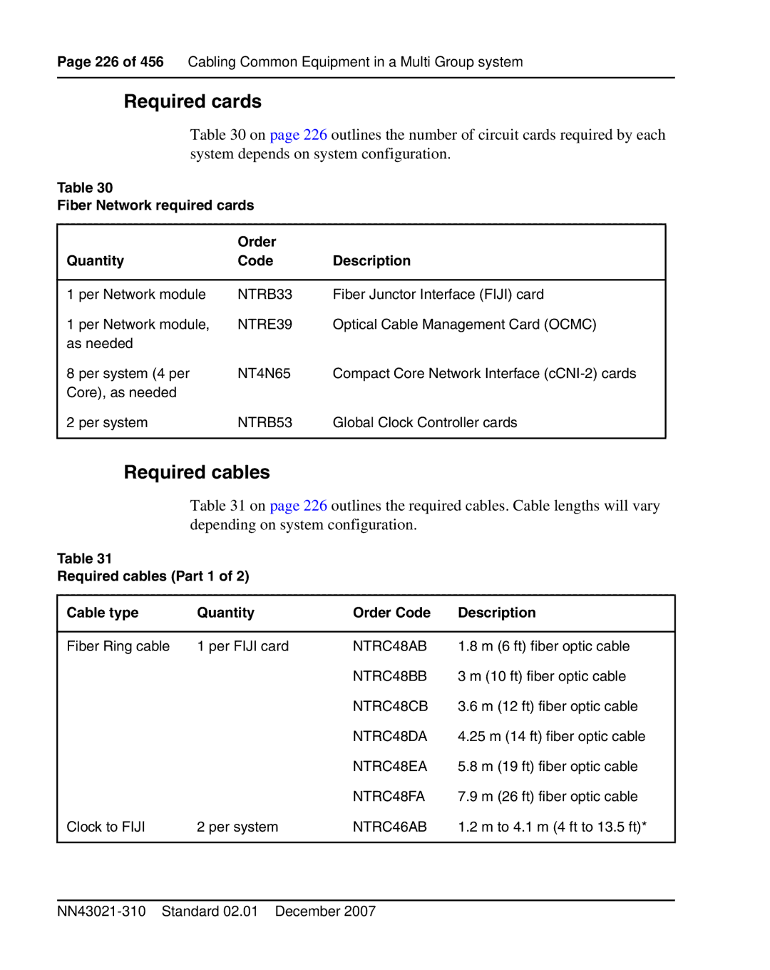 Nortel Networks 1000M warranty Required cards, Required cables 