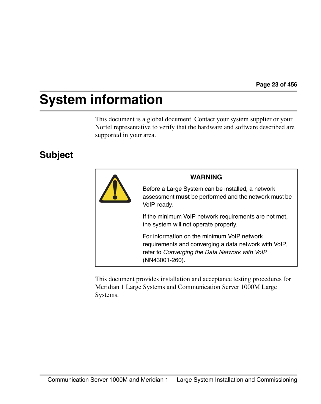 Nortel Networks 1000M warranty System information, Subject 