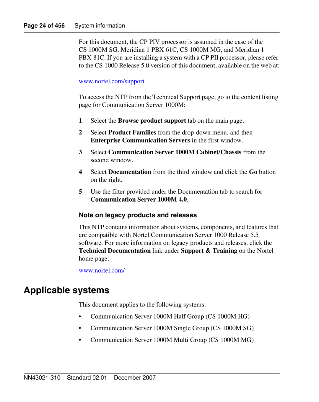 Nortel Networks 1000M warranty Applicable systems 