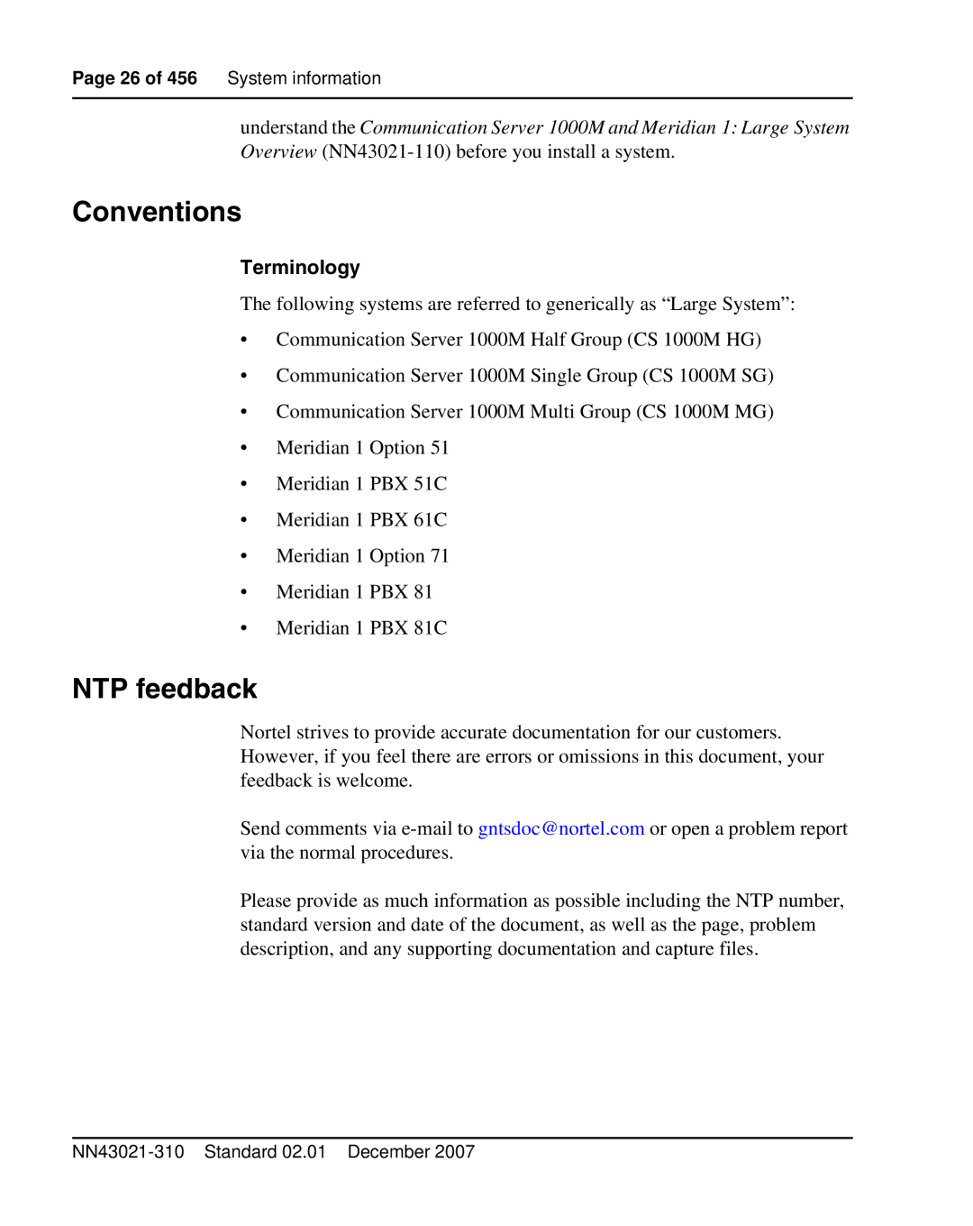 Nortel Networks 1000M warranty Conventions, NTP feedback 