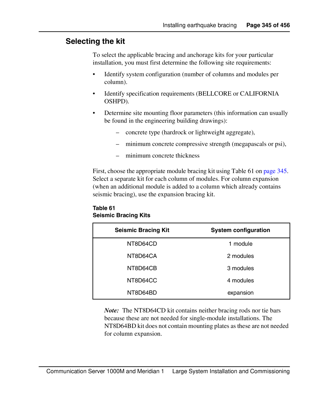 Nortel Networks 1000M warranty Selecting the kit, Seismic Bracing Kits System configuration 