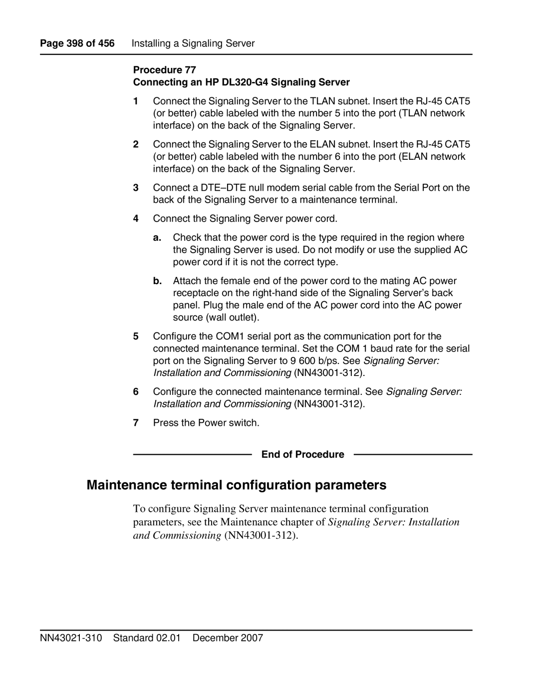 Nortel Networks 1000M Maintenance terminal configuration parameters, Procedure Connecting an HP DL320-G4 Signaling Server 