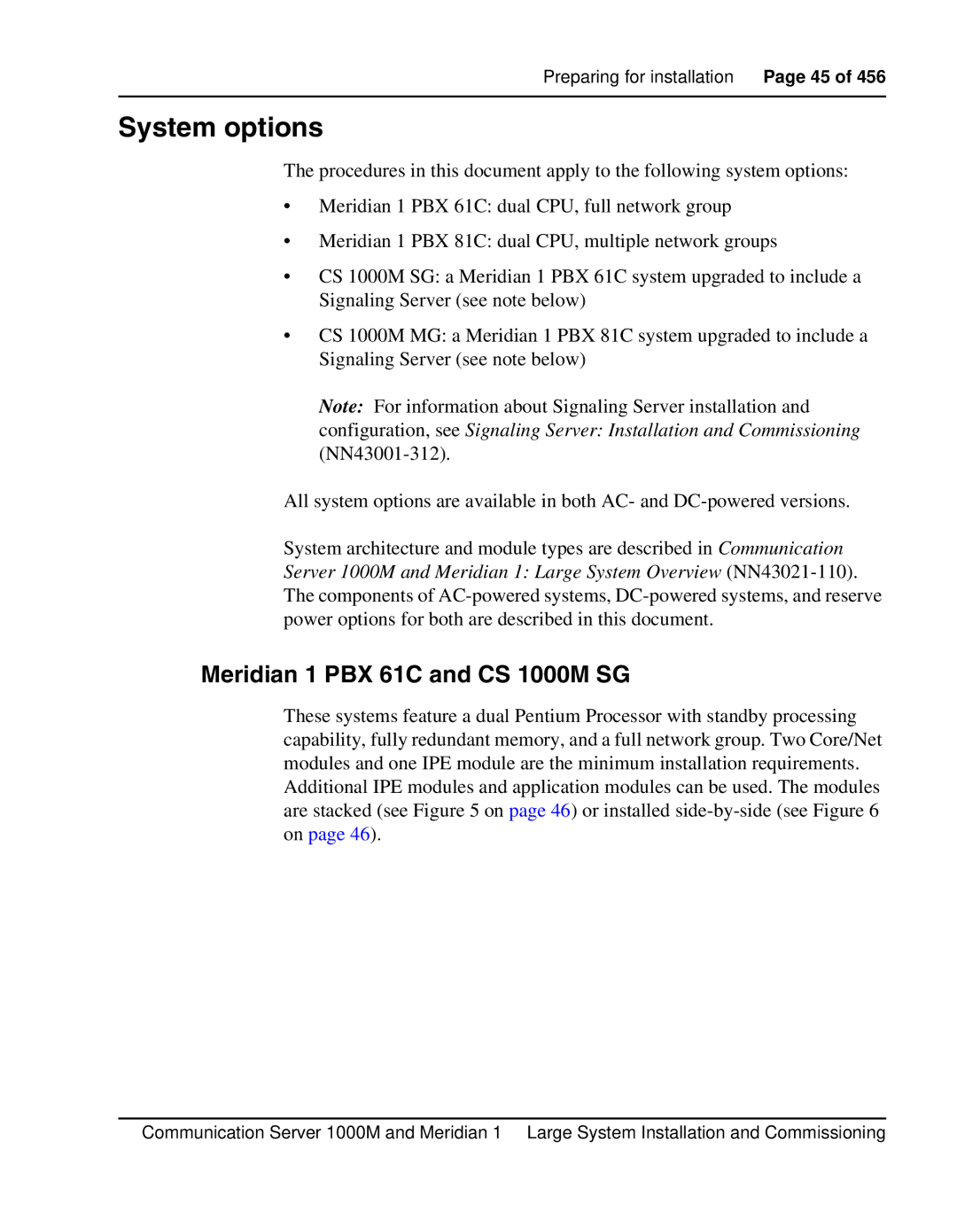 Nortel Networks warranty System options, Meridian 1 PBX 61C and CS 1000M SG 