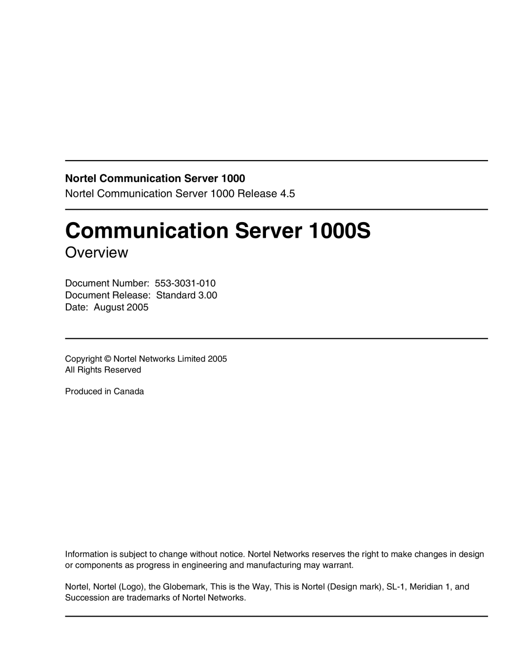 Nortel Networks manual Communication Server 1000S, Nortel Communication Server 