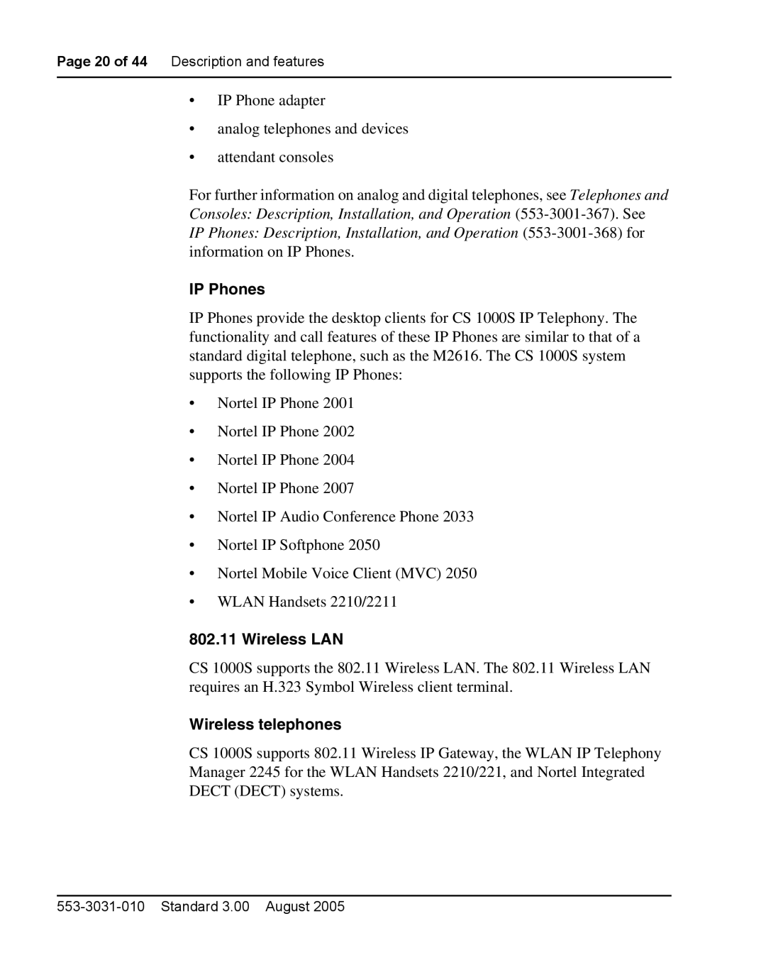 Nortel Networks 1000S manual IP Phones, Wireless LAN, Wireless telephones 