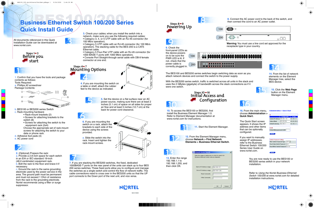 Nortel Networks 100/200 Series quick start Quick Install Guide, Powering Up, Before you start, Mounting Options, Steps 8 