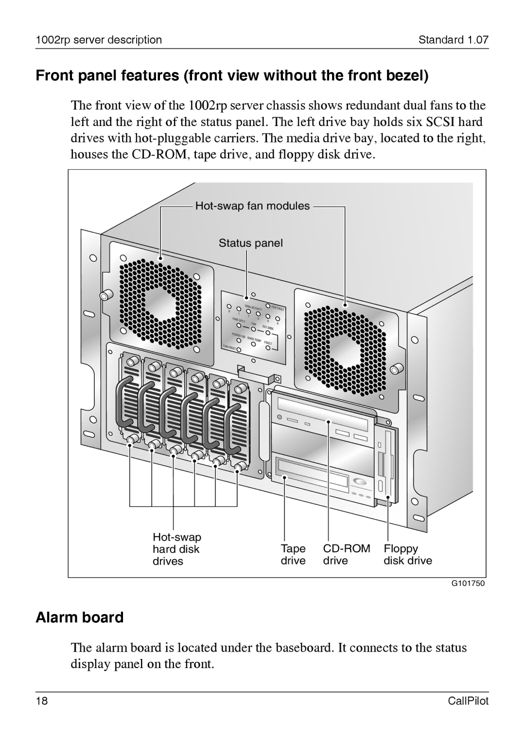 Nortel Networks 1002rp manual Front panel features front view without the front bezel, Alarm board 