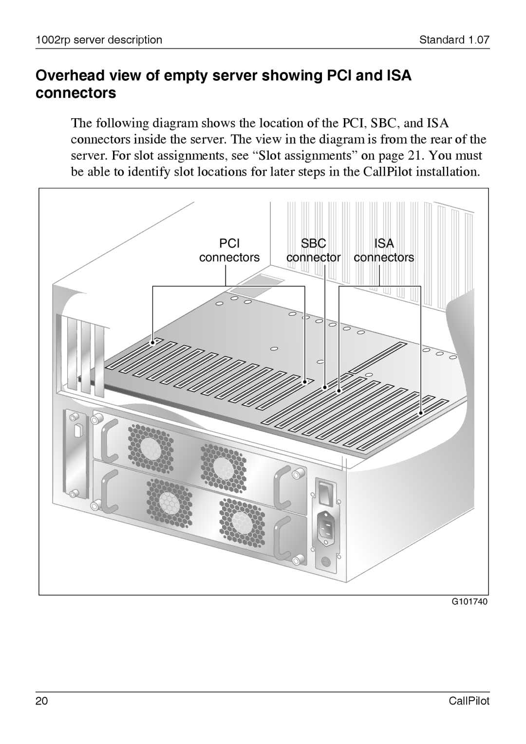 Nortel Networks 1002rp manual Overhead view of empty server showing PCI and ISA connectors 