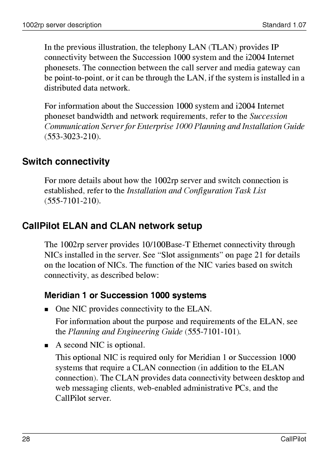 Nortel Networks 1002rp manual Switch connectivity, CallPilot Elan and Clan network setup 