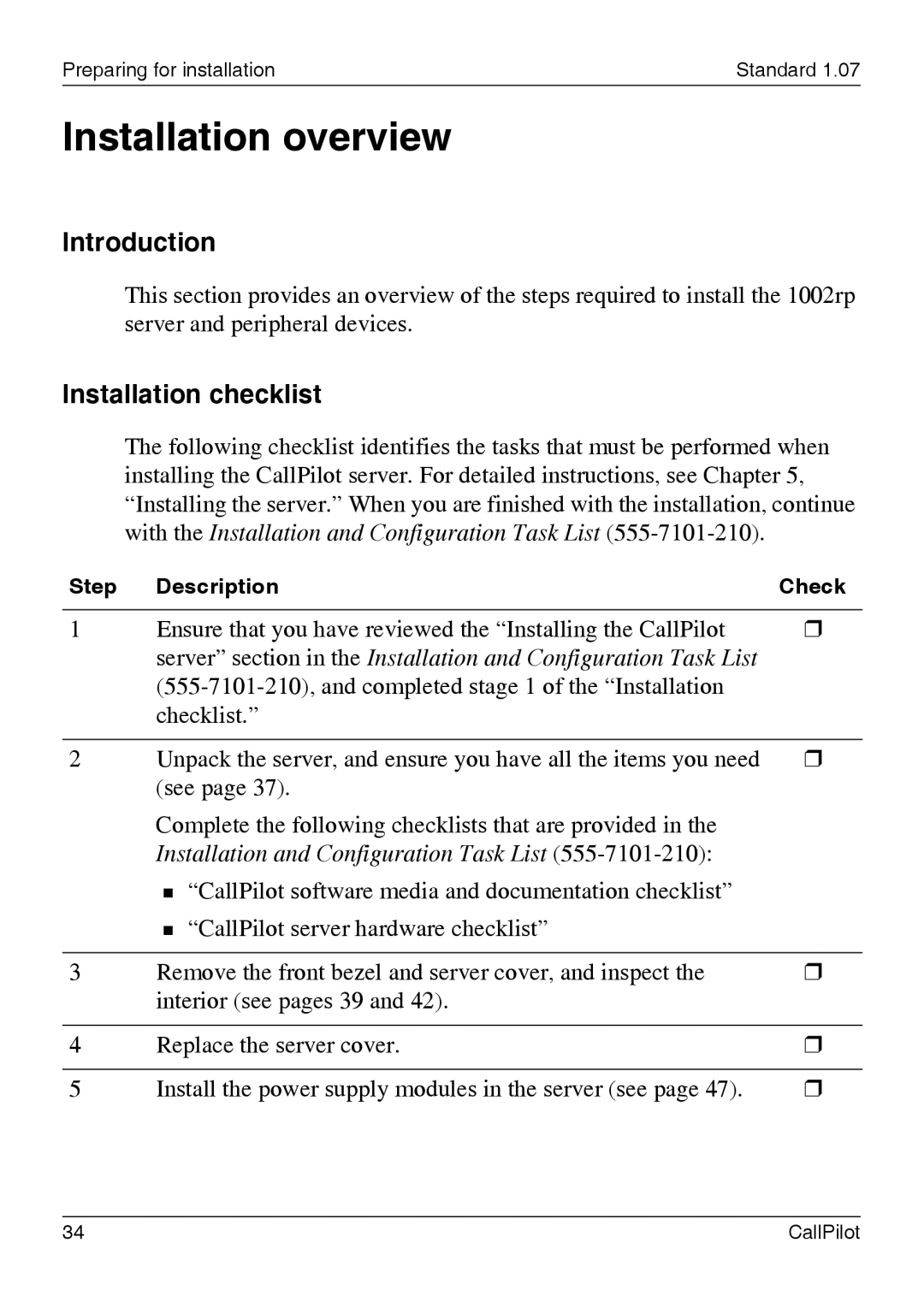 Nortel Networks 1002rp manual Installation overview, Installation checklist 