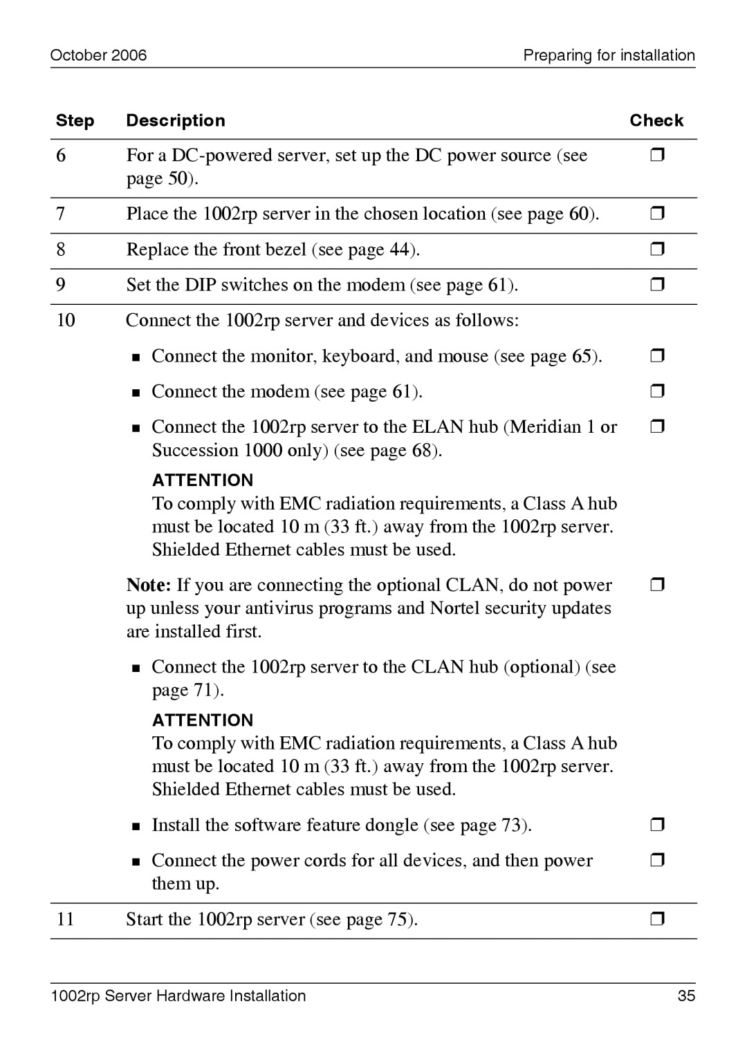 Nortel Networks 1002rp manual October 2006Preparing for installation 