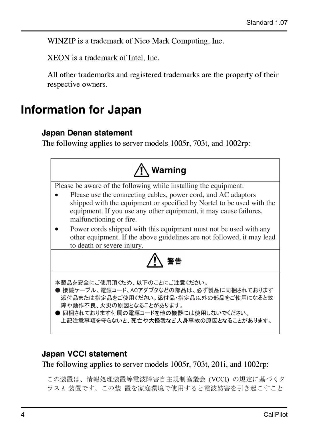 Nortel Networks 1002rp manual Information for Japan 