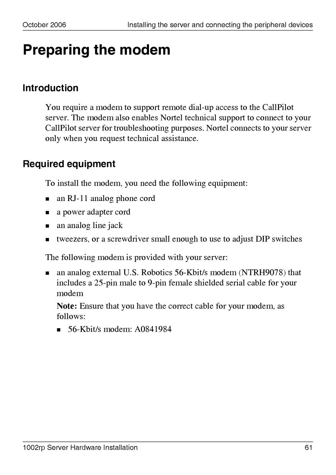 Nortel Networks 1002rp manual Preparing the modem, Required equipment 