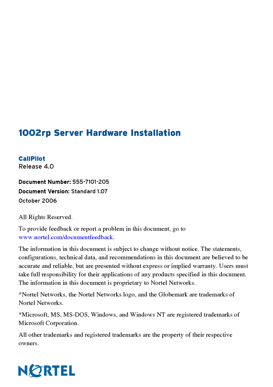 Nortel Networks manual 1002rp Server Hardware Installation 