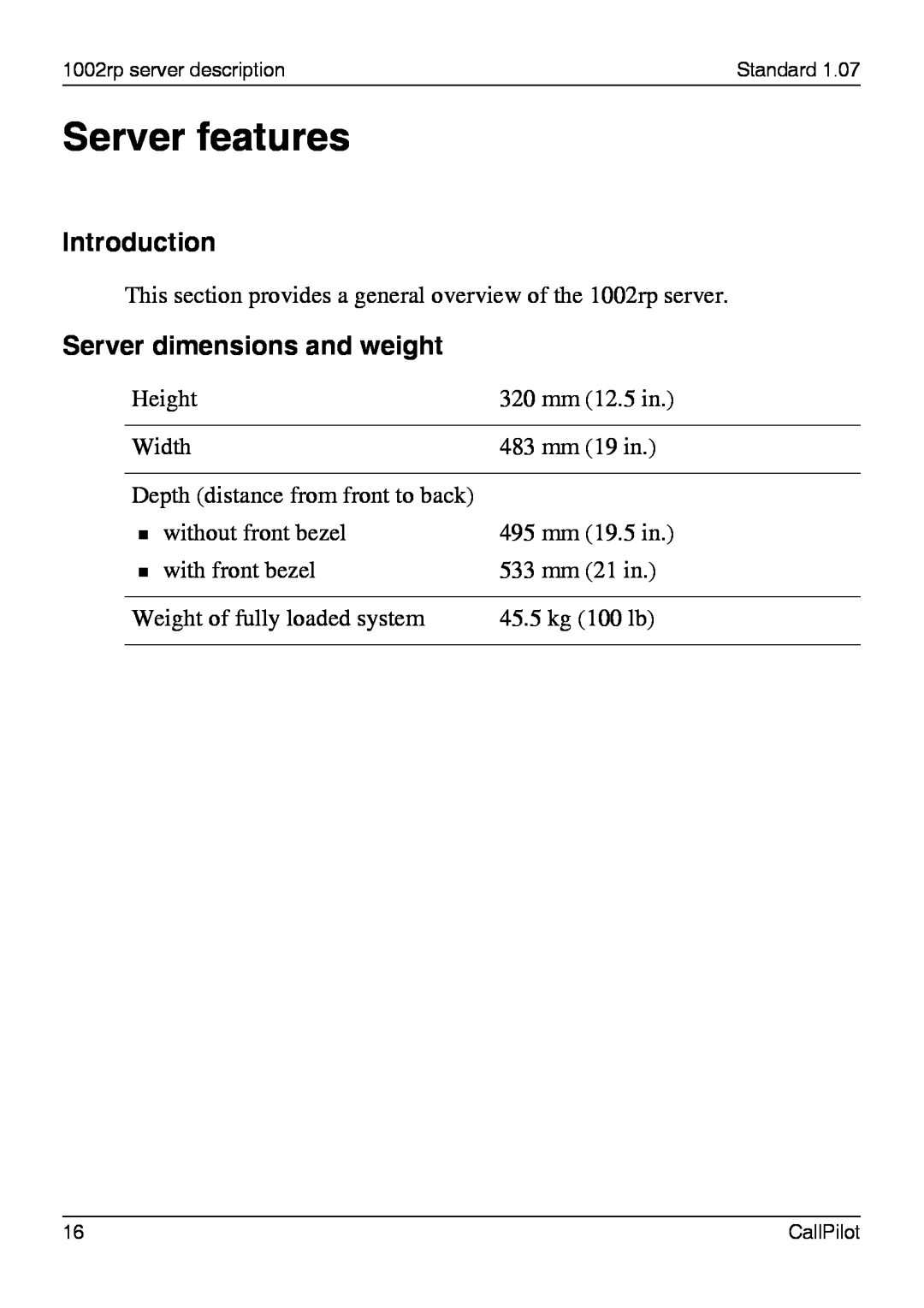 Nortel Networks 1002rp manual Server features, Introduction, Server dimensions and weight 