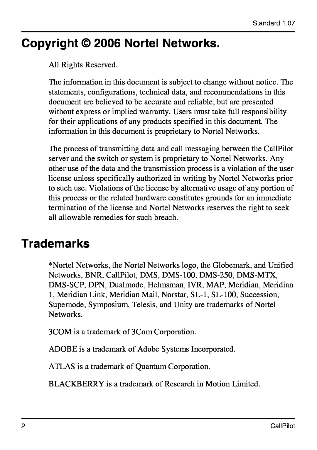 Nortel Networks 1002rp manual Copyright 2006 Nortel Networks, Trademarks 