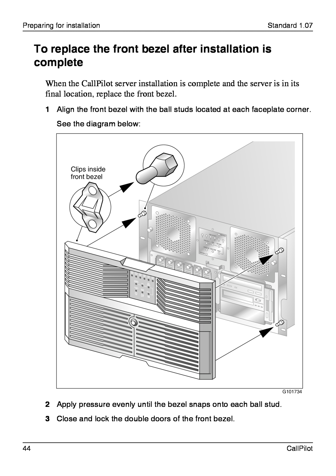 Nortel Networks 1002rp manual To replace the front bezel after installation is complete 